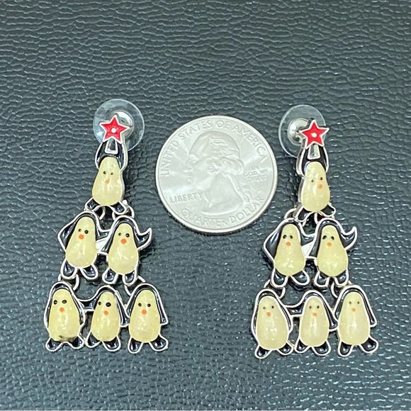 Enameled Christmas Tree Penguin Earrings - Picture 8 of 12
